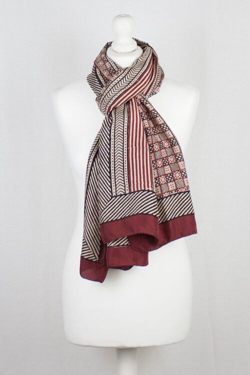 Checks & Stripes Bagh Hand-block Print Silk Scarf - Red