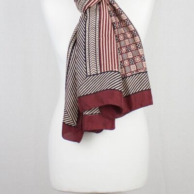 Checks & Stripes Bagh Hand-block Print Silk Scarf - Red