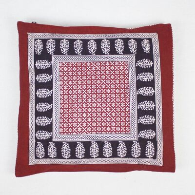 Flower Mesh Paisley & Chevron Bagh Hand Block Print Cotton Cushion Cover - Red Black