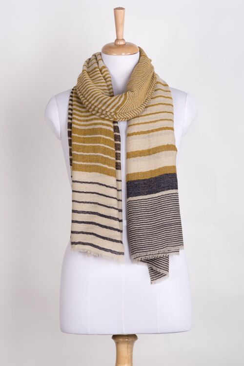 Reversible Stripes Merino Wool Scarf - Ochre Off-White Navy