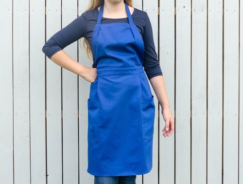Blue kitchen apron for woman with pockets. Retro style cooking apron - gift for her.