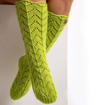 Handmade women yarn socks, Knee high hand knitted leg warmers, Green color, Designer pattern