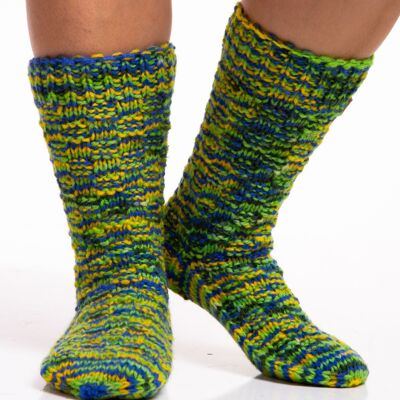 Multi color knitted winter socks, Pure wool cozy slippers, Warm home wear, Handmade boots socks
