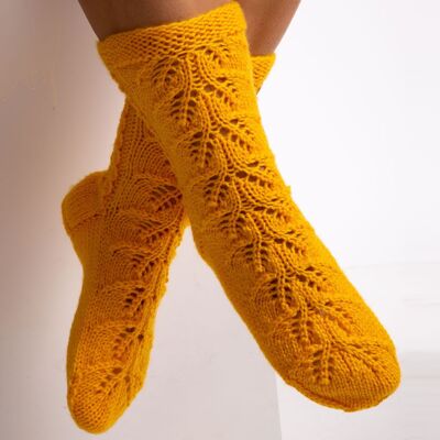 Handmade slippers socks, Wool lace design winter socks for women, Hand knitted cozy socks