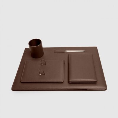 Leather writing desk, dark brown - Five Piece Set