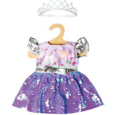 Vestido de muñeca "hada y unicornio" con lentejuelas reversibles y corona plateada, tamaño. 28-35 cm