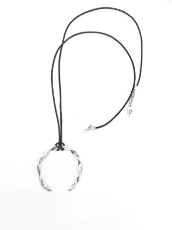 Collier lune corne argent et cuir noir 80cm 1