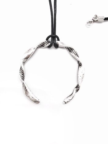 Collier lune corne argent et cuir noir 80cm 2