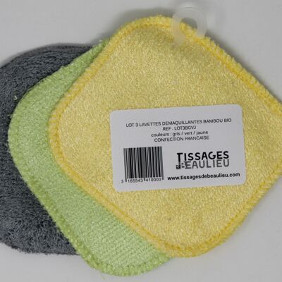 Lot 3 lavettes demaquillantes microfibre bambou gris vert jaune