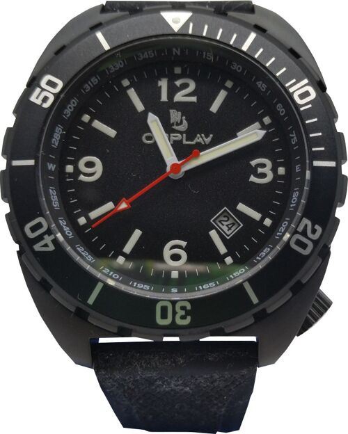 OPPLAV VIKING Analog Watch, 46.5 mm steel case Submersible 20 ATM miyota 2315 machinery with Rubber Strap. Black dial to avoid reflections.
