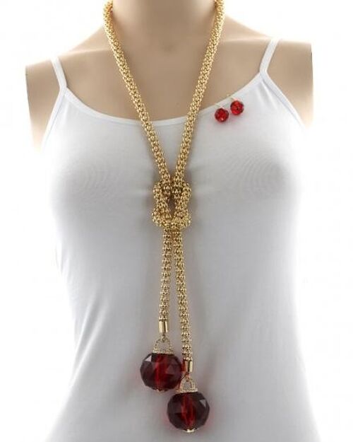Alake Metal Rhinestone Long Necklace & Earring Set - gold red