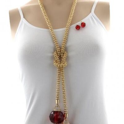 Alake Metal Rhinestone Long Necklace & Earring Set - gold red