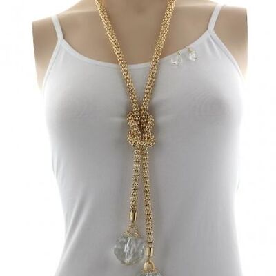 Alake Metal Rhinestone Long Necklace & Earring Set - gold clear