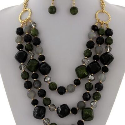 Awero Multi Strand Acrylic Necklace & Earring Set - Black