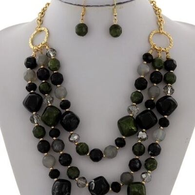 Awero Multi Strand Acrylic Necklace & Earring Set - Black