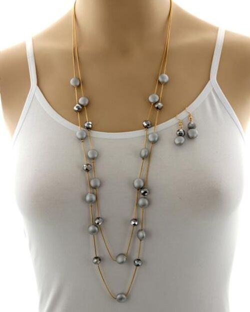 Awebi Acrylic Multi Strand Long Neck & Earring Set - Silver