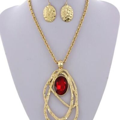 Alake Hammered Glass Pendant Necklace & Earring Set - gold red stone