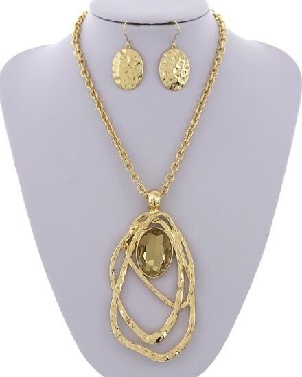 Alake Hammered Glass Pendant Necklace & Earring Set - gold topaz stone