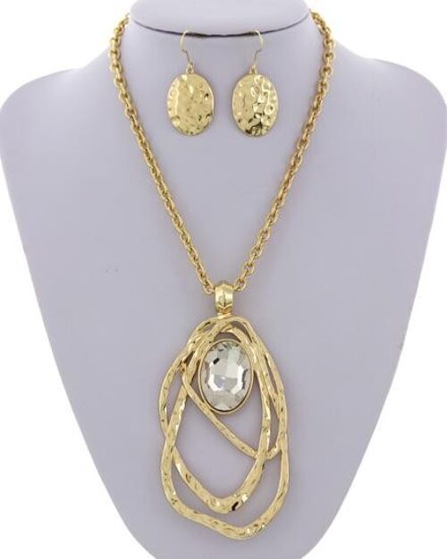 Alake Hammered Glass Pendant Necklace & Earring Set - gold clear stone
