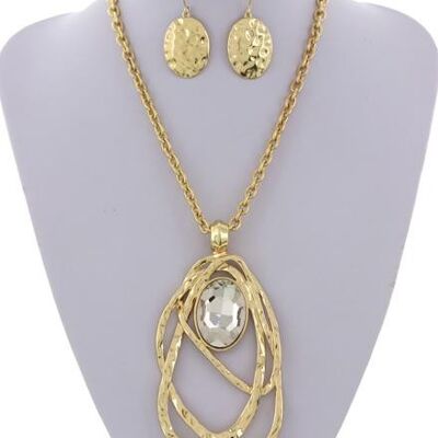 Alake Hammered Glass Pendant Necklace & Earring Set - gold clear stone