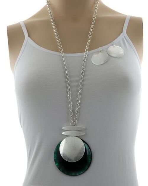 Amari Acrylic Pendant Long Neck & Earring Set green/silver