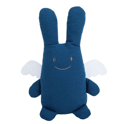 Ange Lapin Doudou avec Hochet 20Cm - Coton Bio Bleu Denim