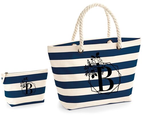 Personalised Beach Bag and Makeup Bag Set Stripe Navy , SKU1411