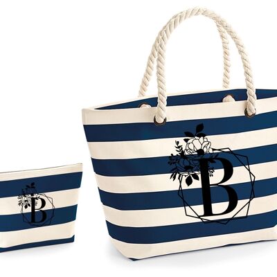 Personalised Beach Bag and Makeup Bag Set Stripe Navy , SKU1411