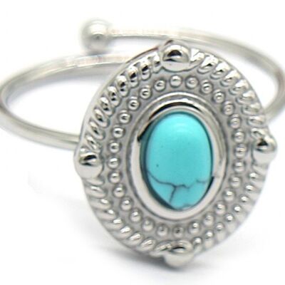 R001-003 Bague Acier Inoxydable Turquoise Ajustable Argent