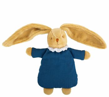 Lapin Nid d'Ange Doudou avec Hochet 20Cm - Coton Bio Bleu Denim- Pâques 2