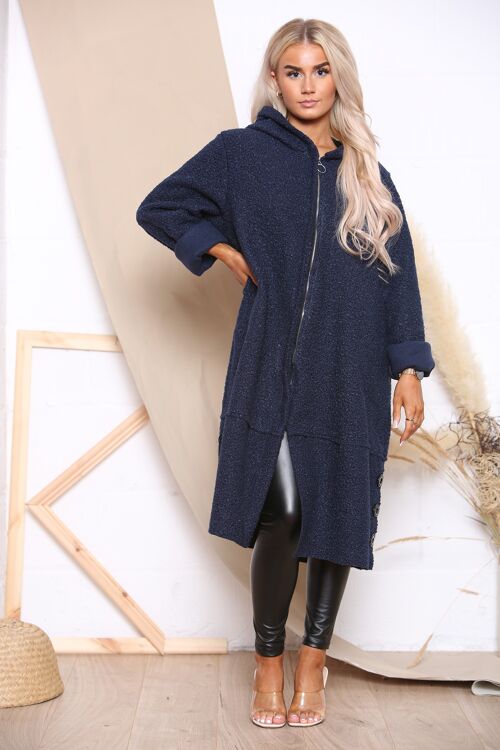 Navy blue winter hooded coat with zip fastening