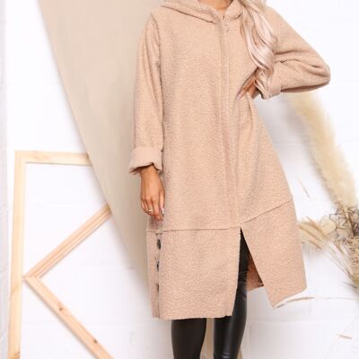 Camel winter hooded coat with zip fastening