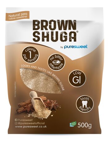 Puresweet Brown Shuga® Alternative à la cassonade 100 % naturelle 500 g, sans arrière-goût amer, adapté aux diabétiques, respectueux des dents, végétalien, sans OGM. 1