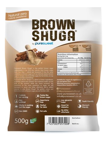 Puresweet Brown Shuga® Alternative à la cassonade 100 % naturelle 500 g, sans arrière-goût amer, adapté aux diabétiques, respectueux des dents, végétalien, sans OGM. 2