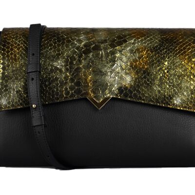 Roma Bag - Black Leather Base and Khaki and Gold Boa Flap