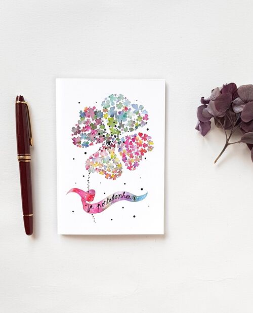 CARNET A6 TREFLE A 4 FEUILLES PORTE BONHEUR AQUARELLE