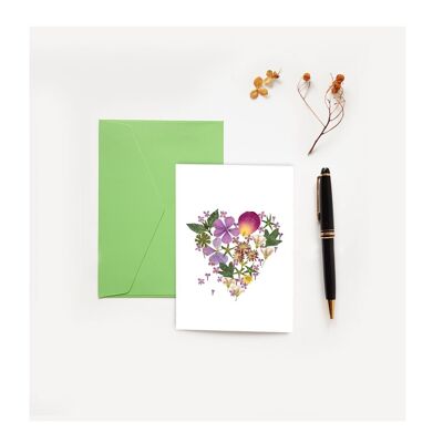 Carte double coeur fleur herbier multicolore