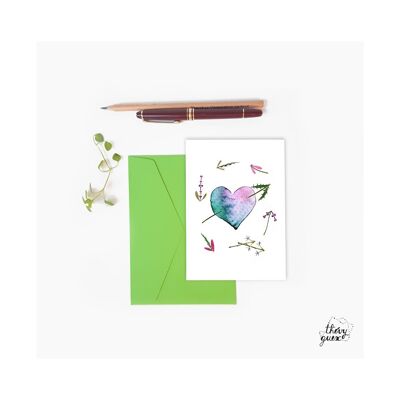 DOUBLE LOVE GREETING CARD WATERCOLOR ARROWED HEART AND ROMANTIC HERBAL FLOWER