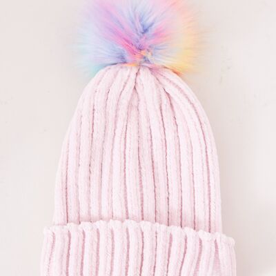 Pink super soft rainbow pom pom hat