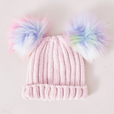 Mini pink super soft rainbow pom pom hat