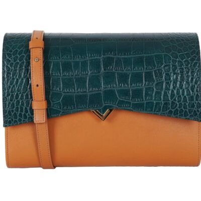 Roma Bag - Camel Leather Base and Green Croco Flap