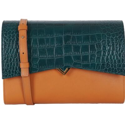 Sac Roma - Base Cuir Camel et Rabat Croco Vert