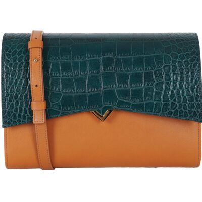 Roma Bag - Camel Leather Base and Green Croco Flap