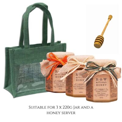 Bolsa de regalo verde bosque para 3 tarros de miel