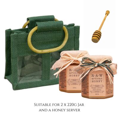 Bolsa de regalo verde bosque para 2 tarros de miel