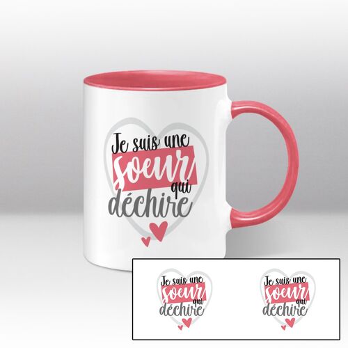 Mug blanc et rose Illustration du texte "Je suis une sœur qui déchire"