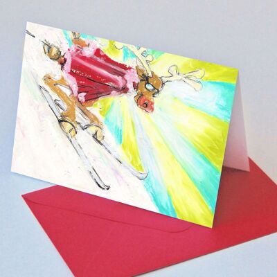 10 cartoline di Natale con buste rosse: La renna va a sciare