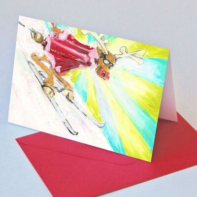 10 Christmas cards with red envelopes: Reindeer goes skiing