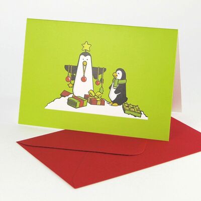 10 Christmas cards with red envelopes: penguins