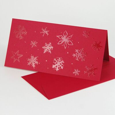 10 tarjetas navideñas rojas con sobres: copos de nieve